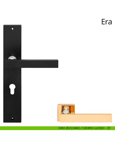 Maniglia con placca per porta Era Linea Calì - oro zecchino + cromo lucido - foro yale