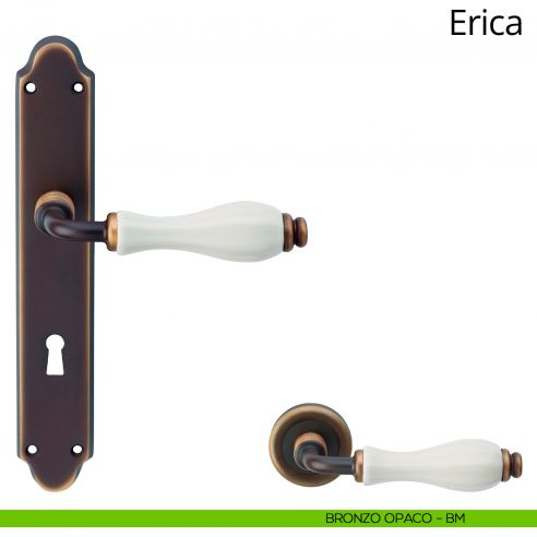 Maniglia con placca per porta porcellana bianca Erica Linea Calì - bronzo opaco - foro patent