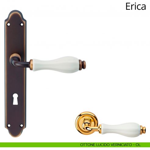 Maniglia con placca per porta porcellana bianca Erica Linea Calì - ottone lucido verniciato - foro patent