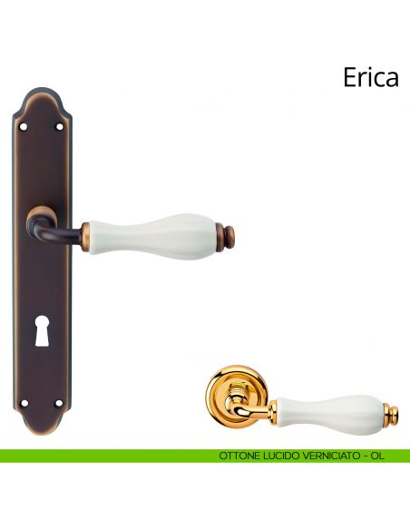 Maniglia con placca per porta porcellana bianca Erica Linea Calì - ottone lucido verniciato - foro patent