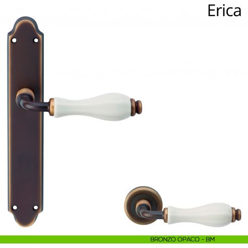 Maniglia con placca per porta porcellana bianca Erica Linea Calì - bronzo opaco - placca cieca