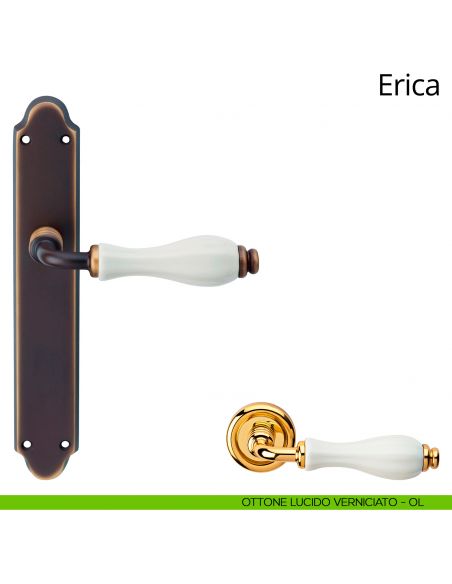 Maniglia con placca per porta porcellana bianca Erica Linea Calì - ottone lucido verniciato - placca cieca
