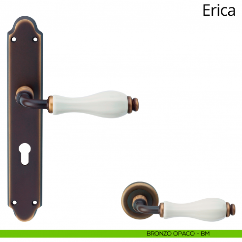Maniglia con placca per porta porcellana bianca Erica Linea Calì - bronzo opaco - foro yale
