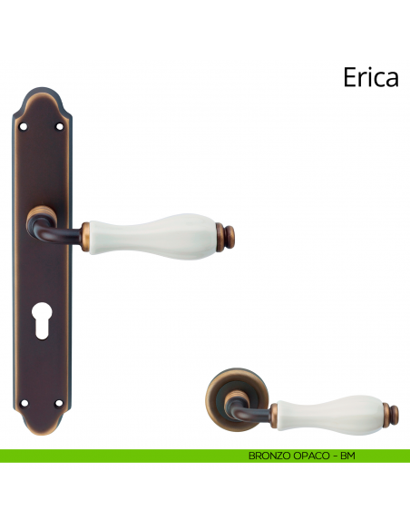 Maniglia con placca per porta porcellana bianca Erica Linea Calì - bronzo opaco - foro yale