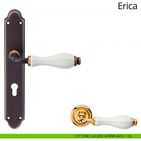 Maniglia con placca per porta porcellana bianca Erica Linea Calì - ottone lucido verniciato - foro yale