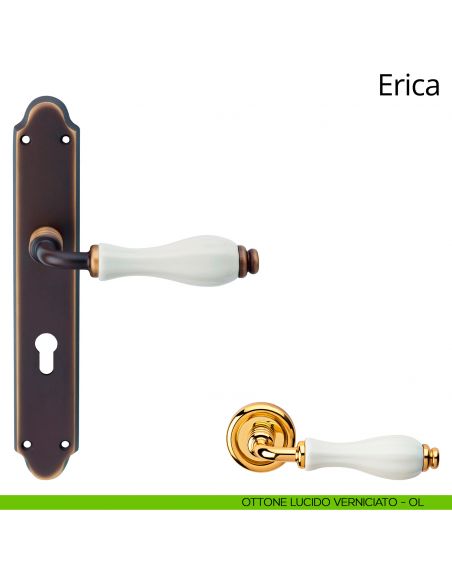 Maniglia con placca per porta porcellana bianca Erica Linea Calì - ottone lucido verniciato - foro yale