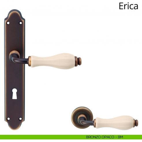 Maniglia con placca per porta porcellana avorio Erica Linea Calì - bronzo opaco - foro patent