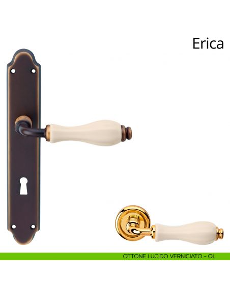 Maniglia con placca per porta porcellana avorio Erica Linea Calì - ottone lucido verniciato - foro patent