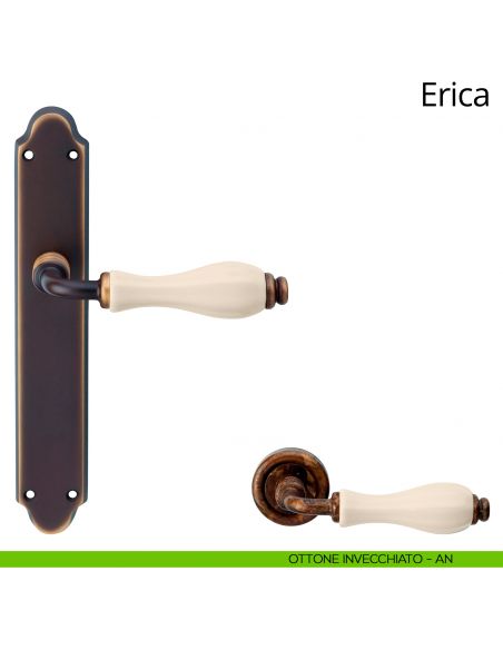 Maniglia con placca per porta porcellana avorio Erica Linea Calì - ottone ivecchiato - placca cieca