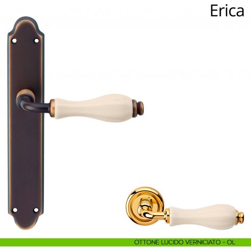 Maniglia con placca per porta porcellana avorio Erica Linea Calì - ottone lucido verniciato - placca cieca