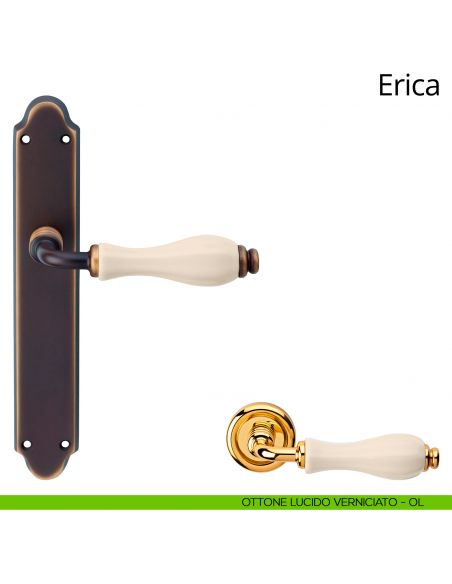Maniglia con placca per porta porcellana avorio Erica Linea Calì - ottone lucido verniciato - placca cieca