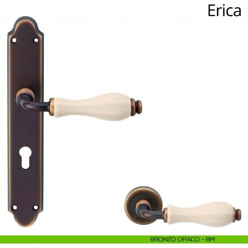Maniglia con placca per porta porcellana avorio Erica Linea Calì - bronzo opaco - foro patent