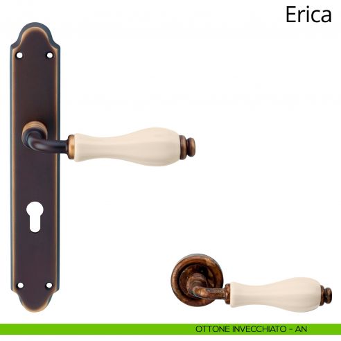 Maniglia con placca per porta porcellana avorio Erica Linea Calì - ottone invecchiato - foro yale