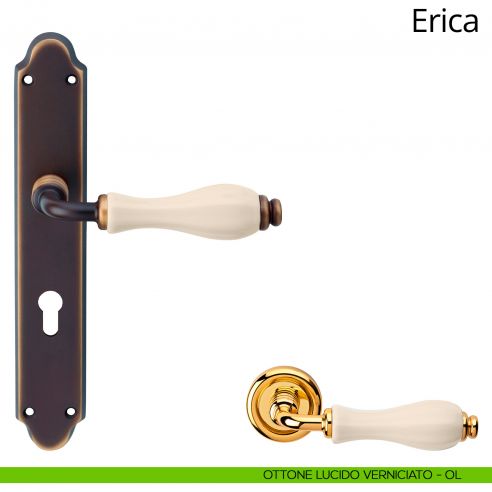 Maniglia con placca per porta porcellana avorio Erica Linea Calì - ottone lucido verniciato - foro patent