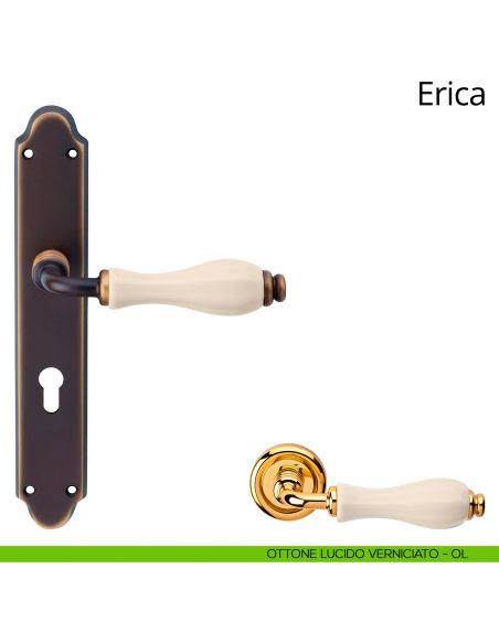 Maniglia con placca per porta porcellana avorio Erica Linea Calì - ottone lucido verniciato - foro patent