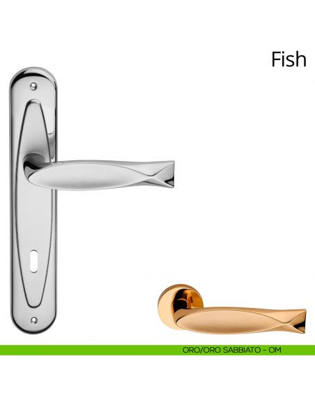 Maniglia con placca per porta Fish Linea Calì - oro + oro sabbiato - foro patent