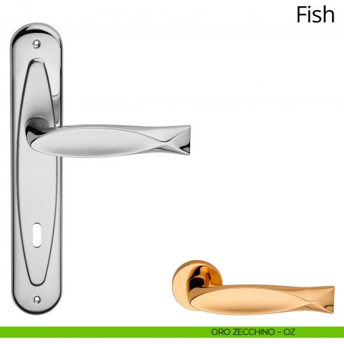 Maniglia con placca per porta Fish Linea Calì - oro zecchino - foro patent