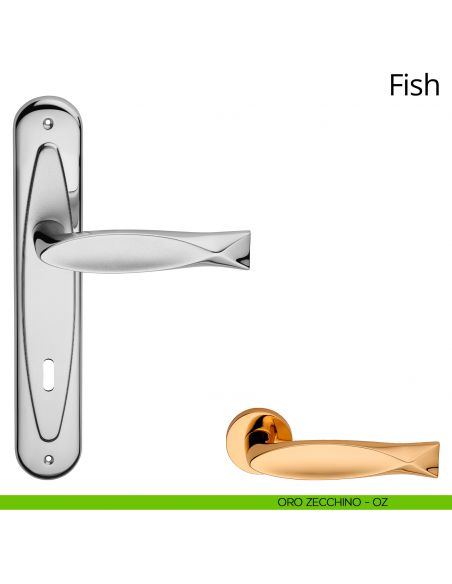 Maniglia con placca per porta Fish Linea Calì - oro zecchino - foro patent