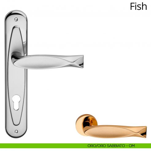 Maniglia con placca per porta Fish Linea Calì - oro + oro sabbiato - foro yale