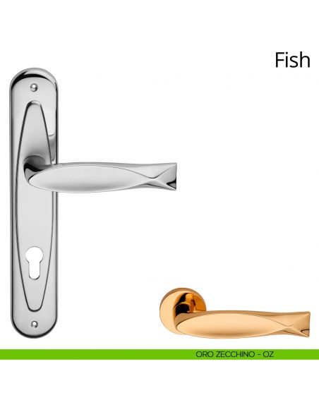 Maniglia con placca per porta Fish Linea Calì - oro zecchino - foro yale