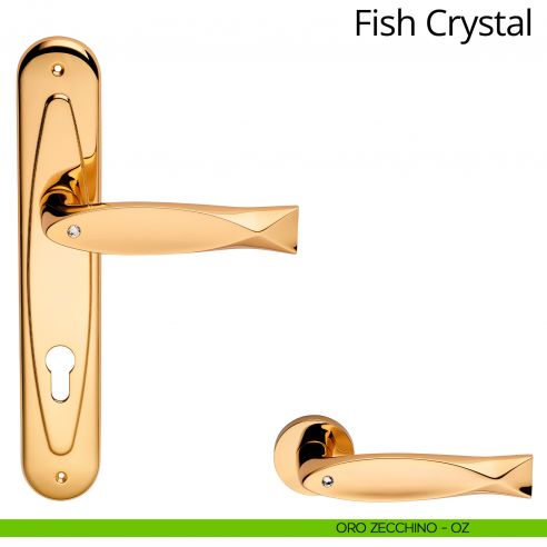 Maniglia Swarovski con placca per porta Fish Crystal Linea Calì - oro zecchino - foro yale