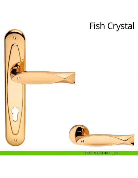 Maniglia Swarovski con placca per porta Fish Crystal Linea Calì - oro zecchino - foro yale