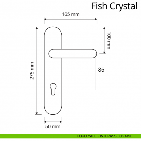 Maniglia Swarovski con placca per porta Fish Crystal Linea Calì placca foro yale interasse 85 mm