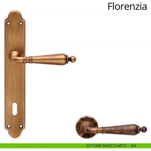 Maniglia con placca per porta Florenzia Linea Calì - ottone invecchiato - foro patent