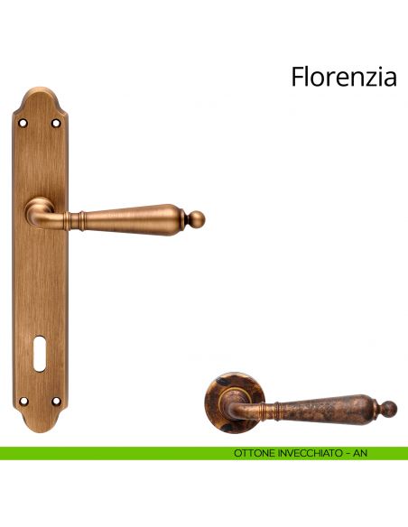 Maniglia con placca per porta Florenzia Linea Calì - ottone invecchiato - foro patent