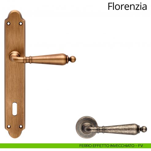 Maniglia con placca per porta Florenzia Linea Calì - ferro effetto invecchiato - foro patent