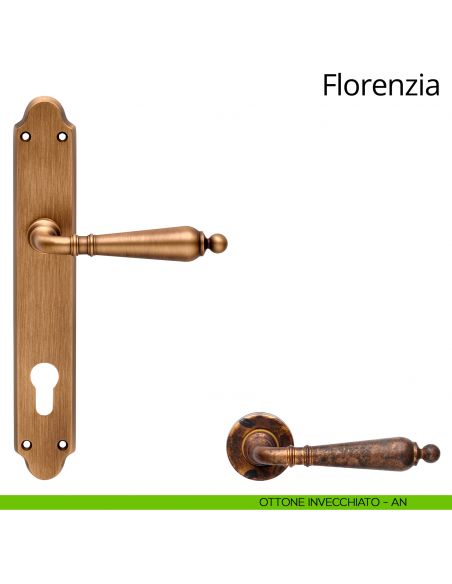 Maniglia con placca per porta Florenzia Linea Calì - ottone invecchiato - foro yale