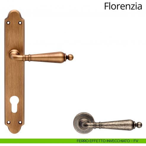 Maniglia con placca per porta Florenzia Linea Calì - ferro effetto invecchiato - foro yale