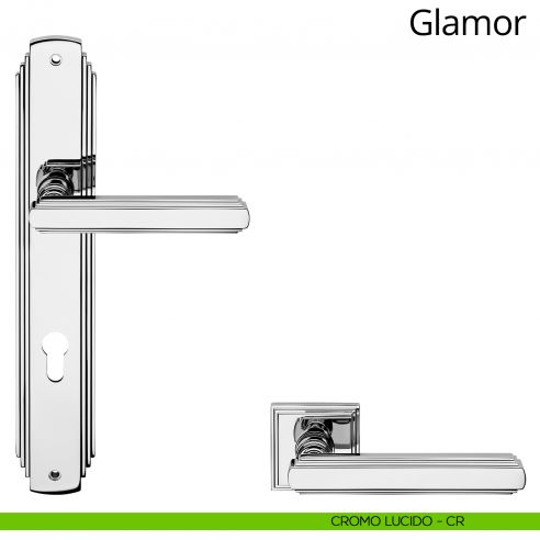 Maniglia con placca per porta Glamor Linea Calì - cromo lucido - foro yale