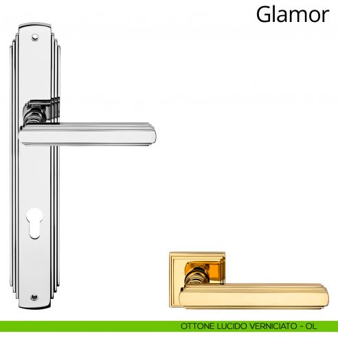 Maniglia con placca per porta Glamor Linea Calì - ottone lucido verniciato - foro yale
