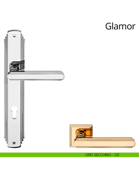 Maniglia con placca per porta Glamor Linea Calì - oro zecchino - foro yale