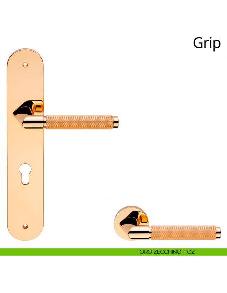 Maniglia con placca per porta Grip Linea Calì - oro zecchino - foro yale