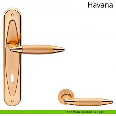 Maniglia con placca per porta Havana Linea Calì - oro sabbiato + oro - foro patent