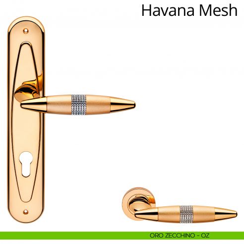 Maniglia Swarovski con placca per porta Havana Mesh Linea Calì - oro zecchino - foro yale