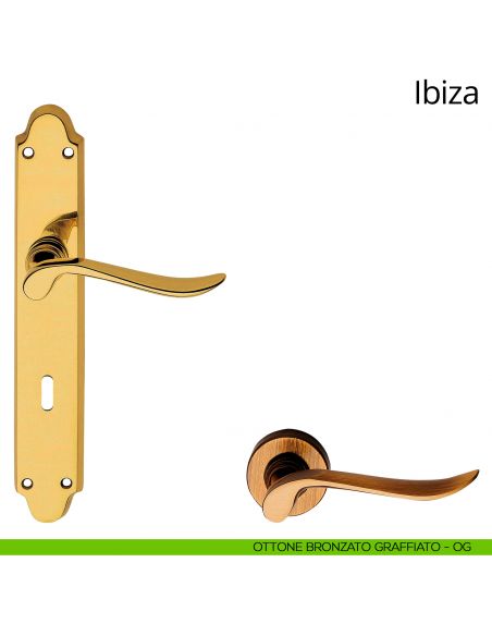 Maniglia con placca per porta Ibiza Linea Calì - ottone bronzato graffiato - foro patent