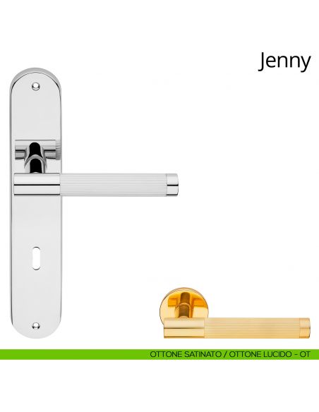 Maniglia con placca per porta Jenny Linea Calì - ottone satinato + ottone lucido - foro patent