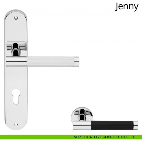 Maniglia con placca per porta Jenny Linea Calì - nero opaco + cromo lucido - foro yale