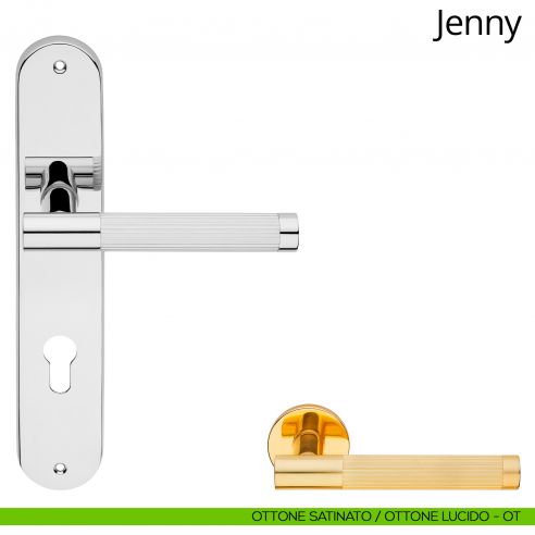 Maniglia con placca per porta Jenny Linea Calì - ottone satinato + ottone lucido - foro yale