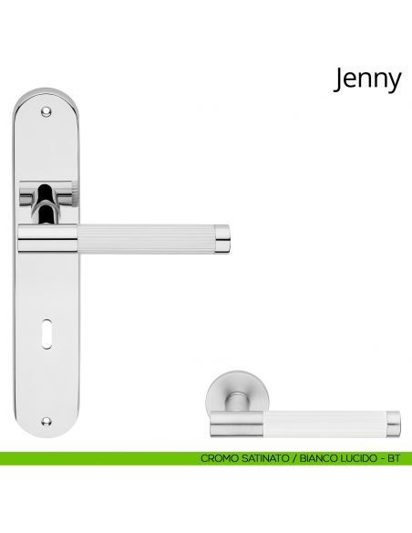 Maniglia con placca per porta Jenny Linea Calì - cromo satinato + bianco lucido - foro patent