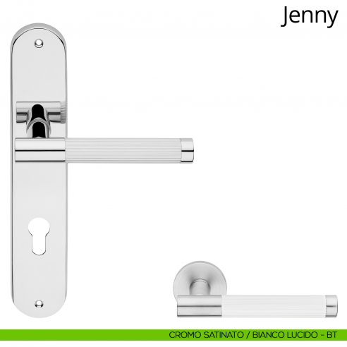 Maniglia con placca per porta Jenny Linea Calì - cromo satinato + bianco lucido - foro yale