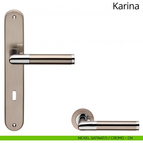Maniglia con placca per porta Karina Linea Calì - nickel satinato + cromo - foro patent