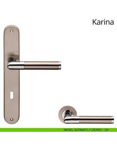 Maniglia con placca per porta Karina Linea Calì - nickel satinato + cromo - foro patent