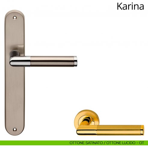 Maniglia con placca per porta Karina Linea Calì - ottone satinato + ottone lucido - placca cieca