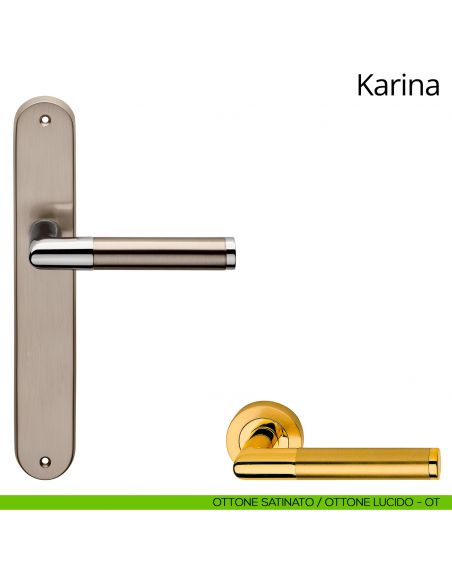 Maniglia con placca per porta Karina Linea Calì - ottone satinato + ottone lucido - placca cieca