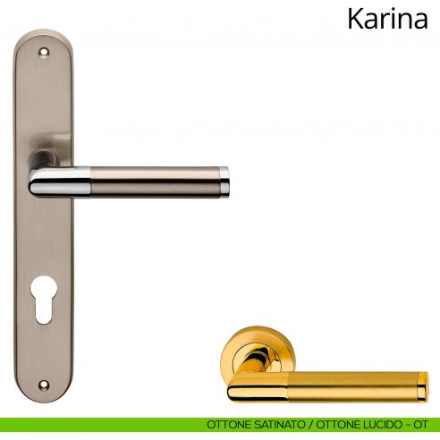 Maniglia con placca per porta Karina Linea Calì - ottone satinato + ottone lucido - foro yale