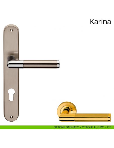 Maniglia con placca per porta Karina Linea Calì - ottone satinato + ottone lucido - foro yale